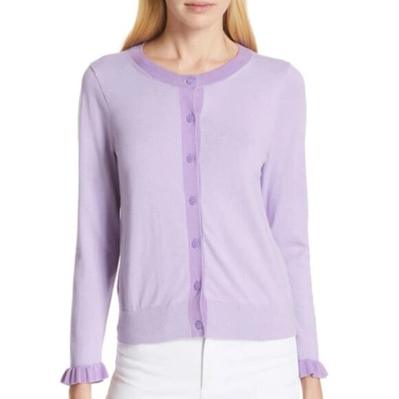 Kate Spade Painter Pansy Purple Ruffle Buttoned Comfortable Cardigan Size M - Picture 2 of 6